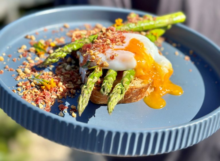 Grilled Asparagus with Poached Eggs, Pancetta crumb on Grilled Sourdough Bread.